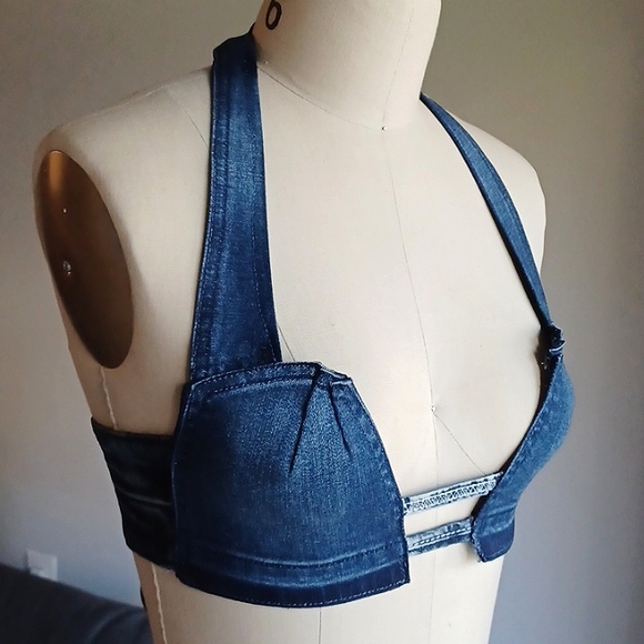Tops - Handmade Upcycled Denim Bra Festival Halter Corset Back Top